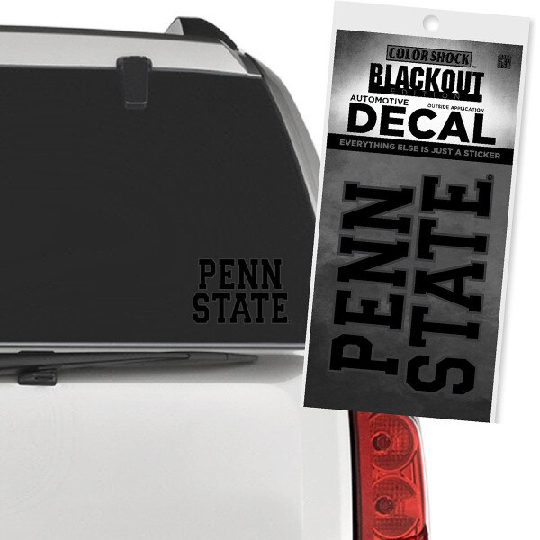 Penn State blackout automotive decal on vehicle back window and packaging